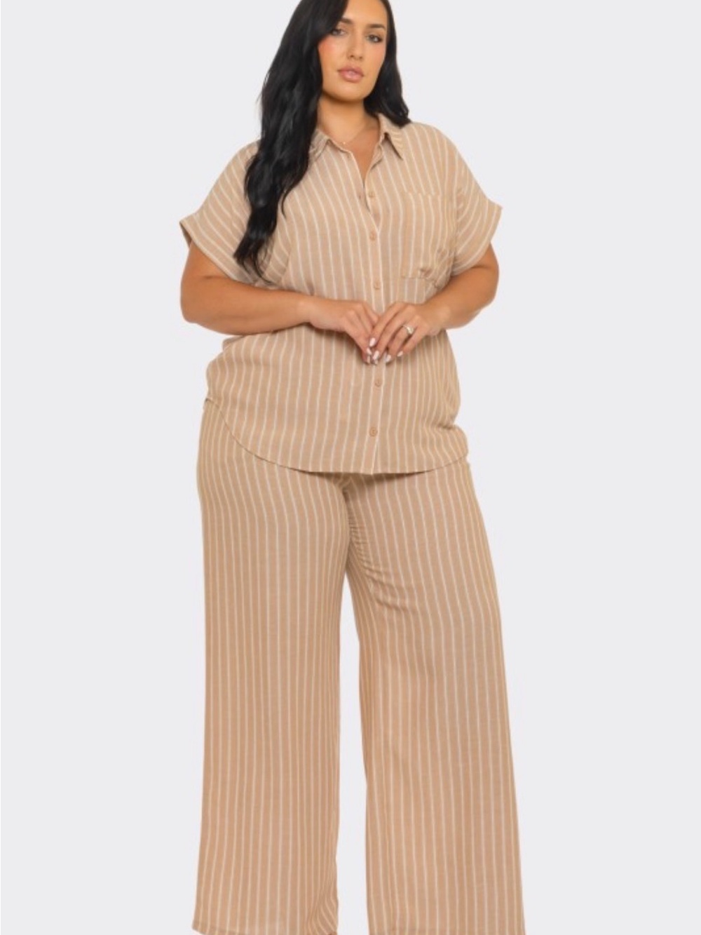 Tan and White Striped Two-Piece Set